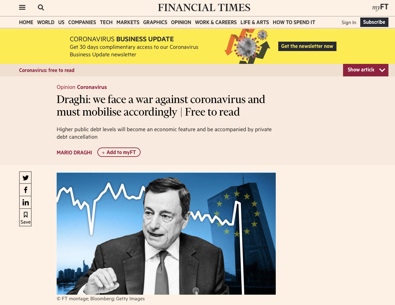 Il Ft spinge per: "Draghi al Colle per continuare l'ottimo lavoro svolto da premier"