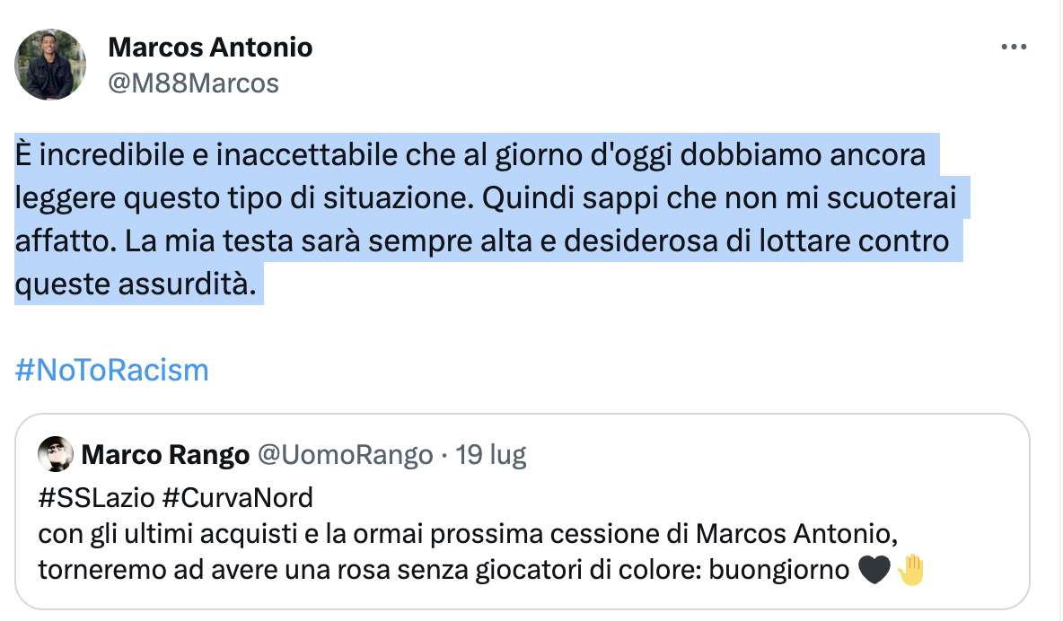 Un tifoso razzista insulta Marcos Antonio, il giocatore replica e i tifosi della Lazio si schierano con il calciatore